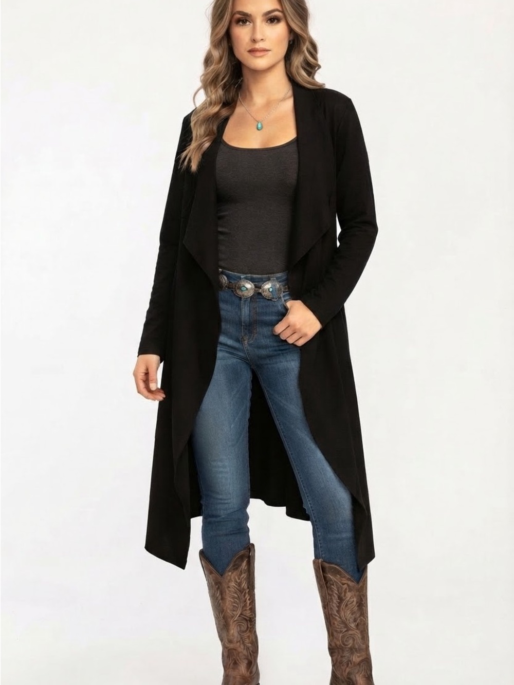 Crazy Train Black Open Front Long Western Duster Cardigan Sweater Pockets Size L